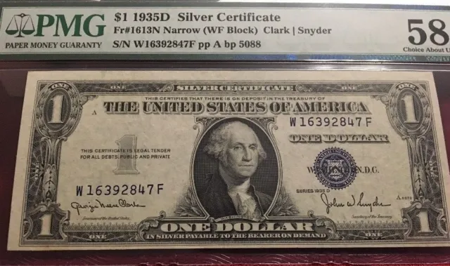 $1 1935 D Silver Cert ,PMG 58 EPQ Choice Unc, Fr # 1613 N Narrow (WF Block)