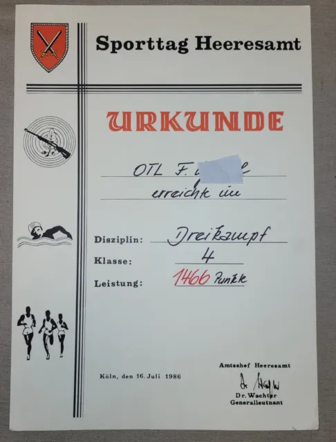Sporttag Heeresamt Ehren-Urkunde Bundeswehr Oberstleutnant Köln von 1986