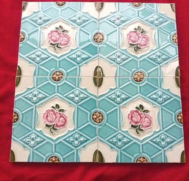 4 Piece Lot Old Art Flower Design Embossed Majolica Ceramic Tiles England 0357 2