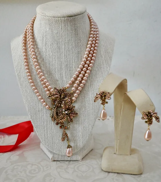 NWT $370 HEIDI DAUS Orchid Metallic Crystal Necklace Pierced Earring Set MINK