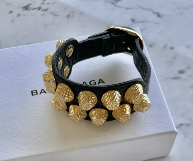 BALENCIAGA ~ Jewellery Gold Studded Black Leather Cuff Bracelet, size M