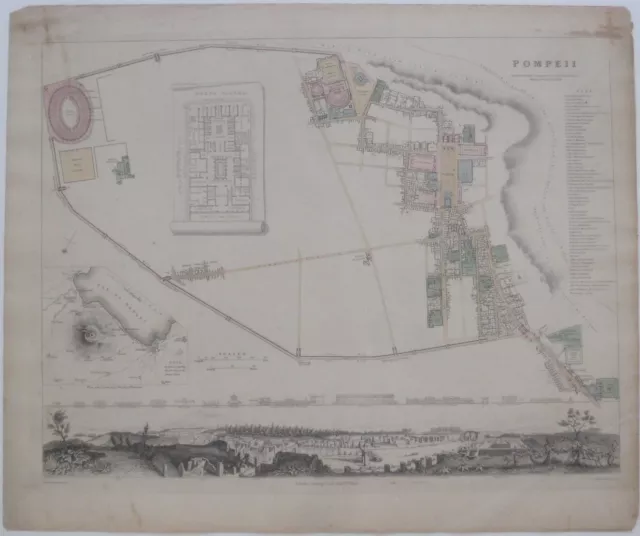 Original 1852 SDUK Map POMPEII Domus Pansæ Mount Vesuvius Naples Italy Panorama