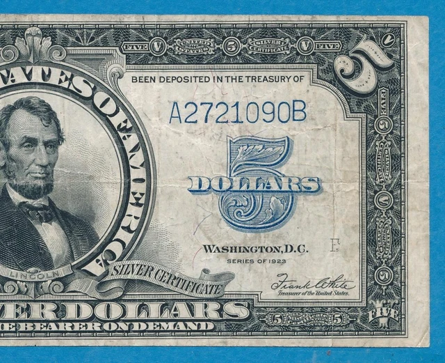 $5.00 1923  Fr.282  Lincoln Porthole  Silver Certificate Certified    Vf