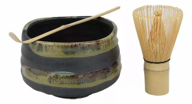 Ebros Gift Ceremony Set Glazed Ceramic Pottery Matcha Tea Bowl Whisk & Spoon