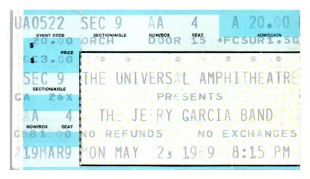 Jerry Garcia Band Concert Ticket Stub May 22 1989 Universal City California