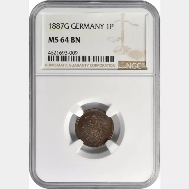 1887 G Germany 1 Pfennig. NGC MS 64 BN. KM-1