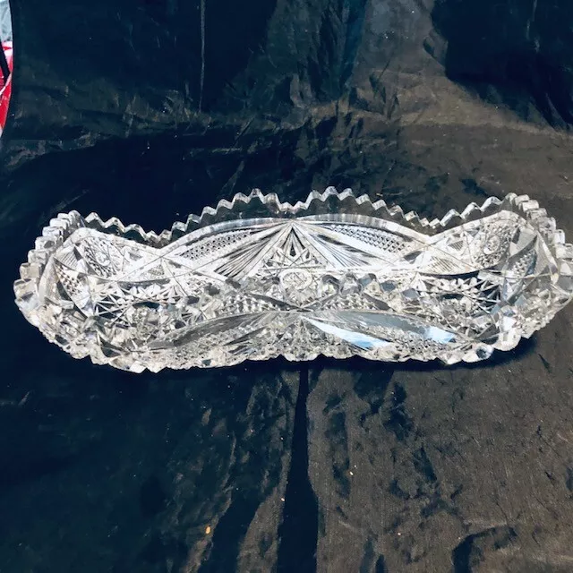 american brilliant cut glass elongated relish bowl 11x4 1/2 starburst detail