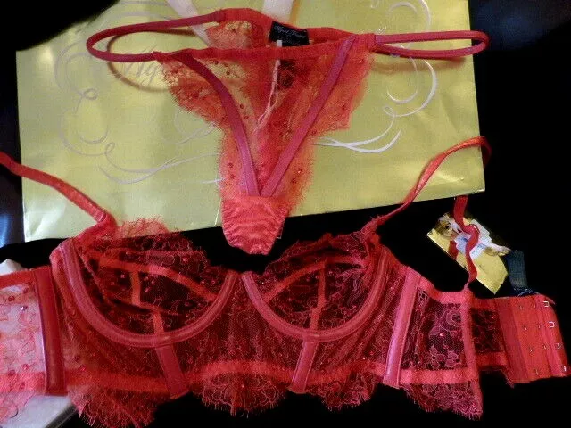 AGENT PROVOCATEUR SOIREE 36B bra & thong leather lace diamonte RED set ...
