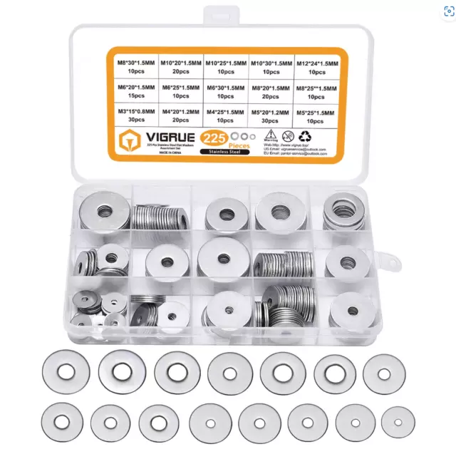 VIGRUE 225 PCS 304 Stainless Steel Flat Washers Set Washers Hardware Assortment