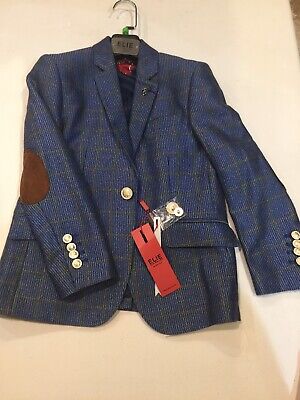 Boys Elie Balleh Blue Blazer With Checks And Brown Elbow Patch, Sizes 2,6