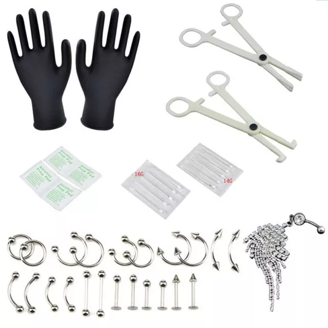 37Pcs/Set Body Piercing Tool Kit Ear Nose Belly Button Navel Nipple Needles F-xd