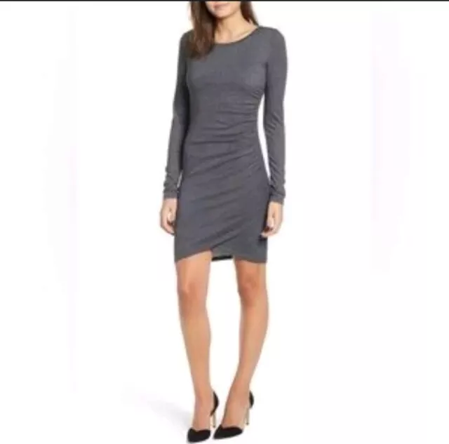 Leith Dress Womens Size Medium Ruched Bodycon Knit Gray Long Sleeve