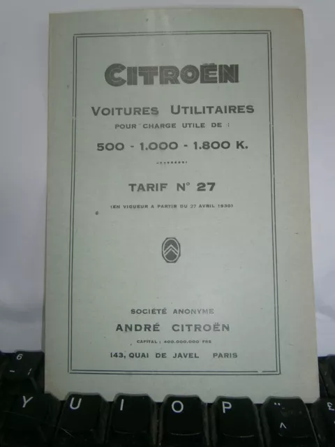 Catalogue  pub auto tarif Citröen voiture utilitaire de 500 à 1800 K an 1930