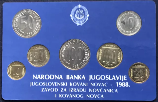 Yugoslavia 1988 UNC Seven Coin Collection Set: 10 20 50 & 100 Dinara ~ Carded