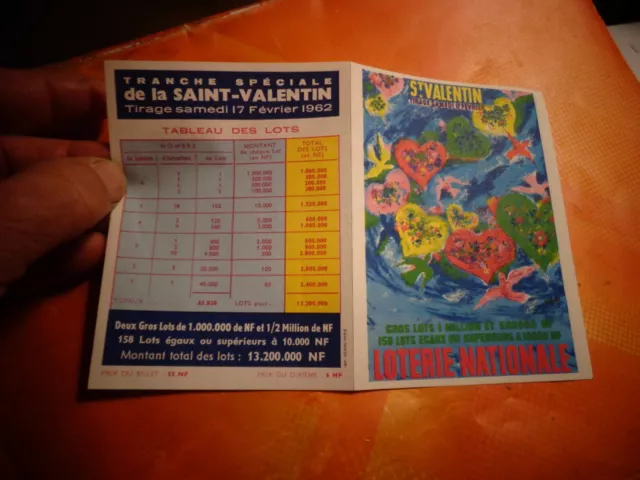 Ancien Dépliant pour Billets de la Loterie Nationale St Valentin  1962 Lesourd