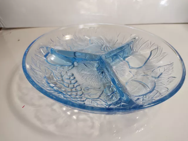 Vintage Blue Depression Style 3 section Plate Embossed Fruit French Blue 8"