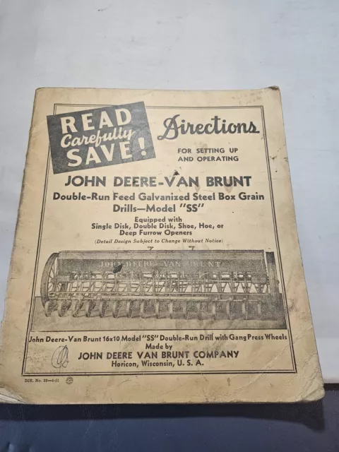 Vintage John Deere - Van Brunt SS Grain Drill Operator's Manual