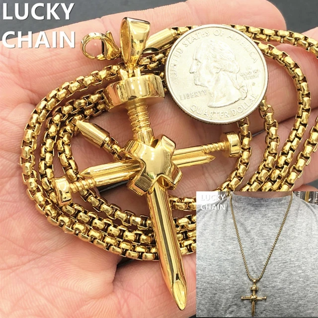 STAINLESS STEEL GOLD NAIL CROSS PENDANT 24"ROUND BOX CHAIN NECKLACE 39g