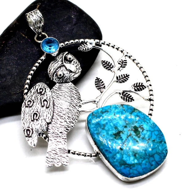925 Sterling Silver Turquoise & Topaz Gemstone Handmade Jewelry Pendant S-3