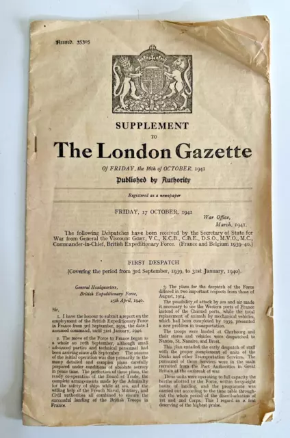 WW2 LONDON GAZETTE ORIGINAL COPY 17th OCTOBER 1941