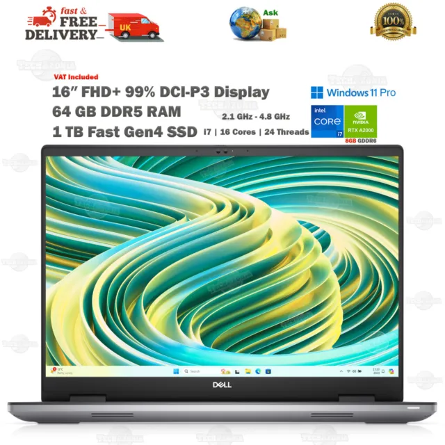 DELL Precision 16-In 64GB DDR5 RAM 1TB SSD i7 2.1- 4.8GHz RTX 8GB Laptop £-OFF👇