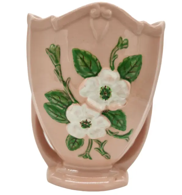 HULL POTTERY Dogwood Flower Handled Vase Mid-Century Modern Pink Green 8 1/2" H