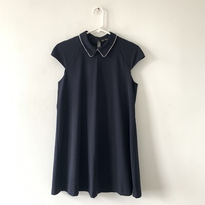 Zara Navy Blue Polka Dot Dress With Collar Swing Trapeze Size Small
