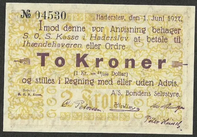 Denmark Haderslev 2 Kroner 1927 Without Sign. S/N 04530 Unc Rare