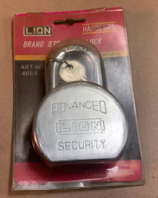 Vintage Padlock LION Brand Security Lock Heavy Duty Hardened with Key 465 R 65mm