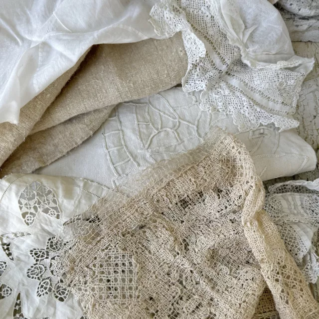 White , Linen Lace Scrap pack antique French fabric patchwork pieces scraps sew