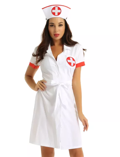 Fancy Sexy Nurse Cosplay Costume Hat Outfit Dress Womens Adults Halloween Party