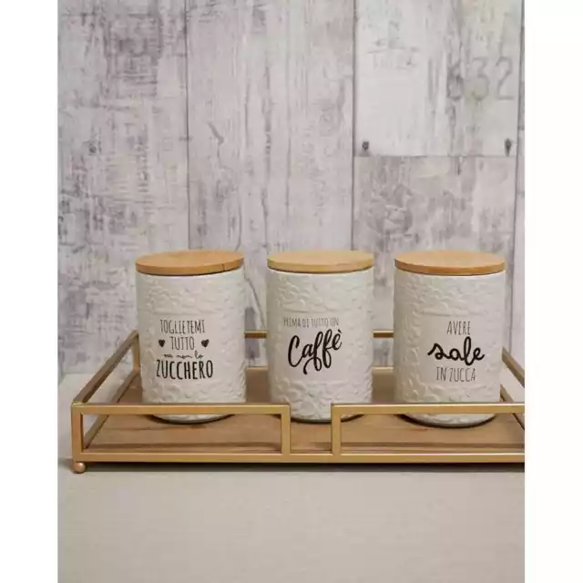 Tris Barattoli Sale, Zucchero e Caffè Con Scritte Linea Rich In Bianco o Beige I