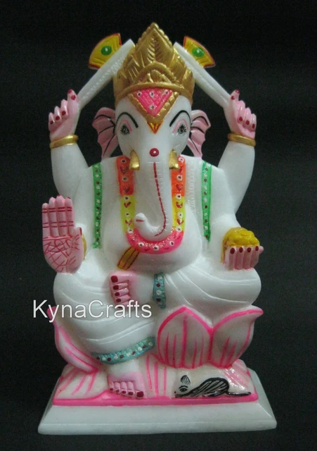 11 INCHES WHITE Marble Ganpati Bappa Statue Intricate Work Table Master ...