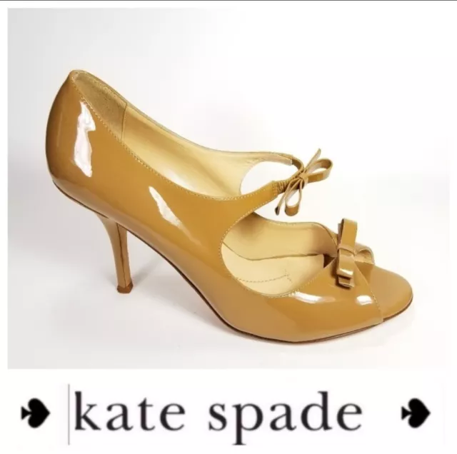 Kate Spade New York "Cammie" Camel Patent Double Bow Peep-Toe Heel Pump Size 10