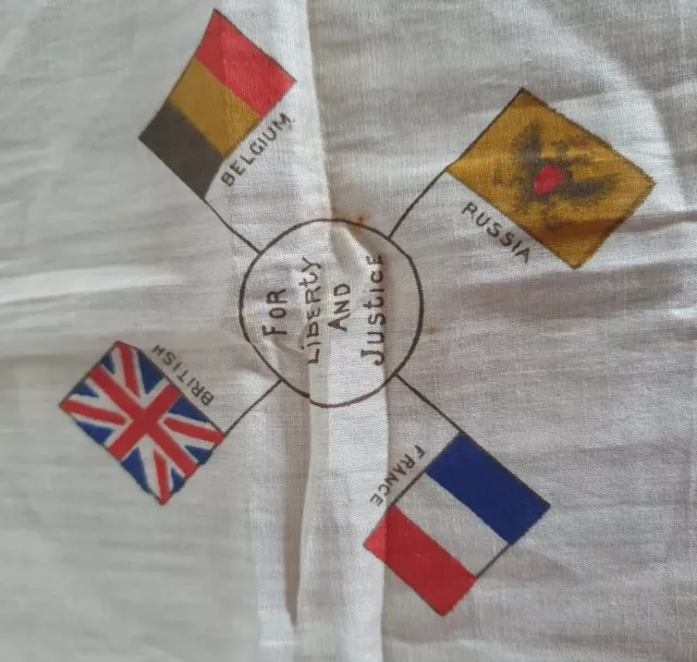 Antique Ww1 Flags Of The World For Liberty & Justice Commem. Silk Hankerchief 3