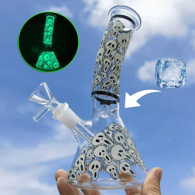 8 Inch Glass Bong Skull Hookah Glow In The Dark Smoking Water Pipe Bubbler +Bowl