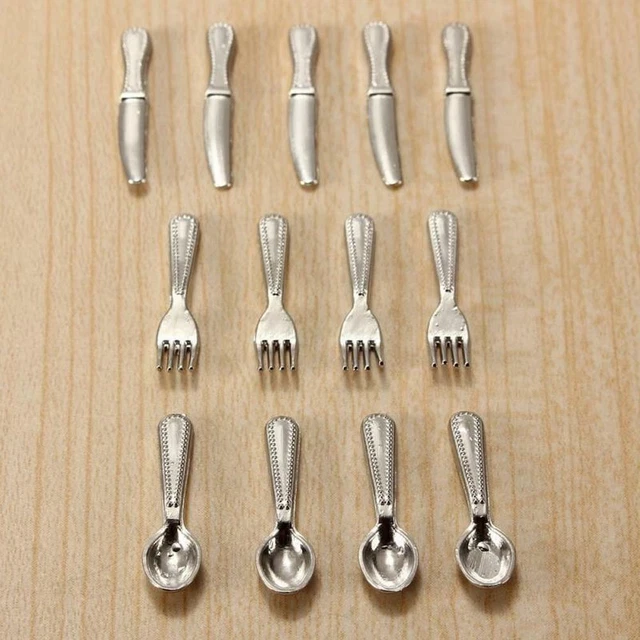 12 piezas Casa de muñecas Miniatura Acero Inoxidable Cubiertos Vajilla Horquilla Juego Nuevo -