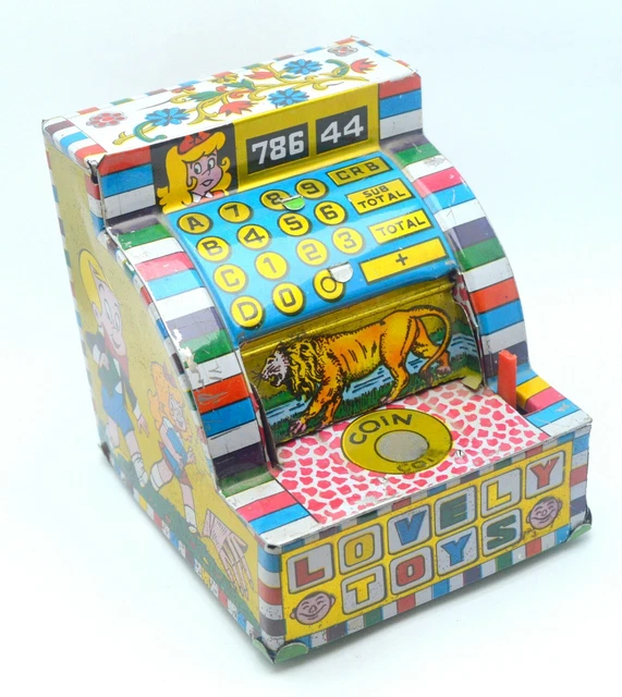 VINTAGE LOVELY TOYS Coin Money Box Tin Mechanical Wind Up Cash Register