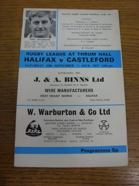 25/09/1971 Rugby League Programme: Halifax v Castleford (Writing on front). FREE