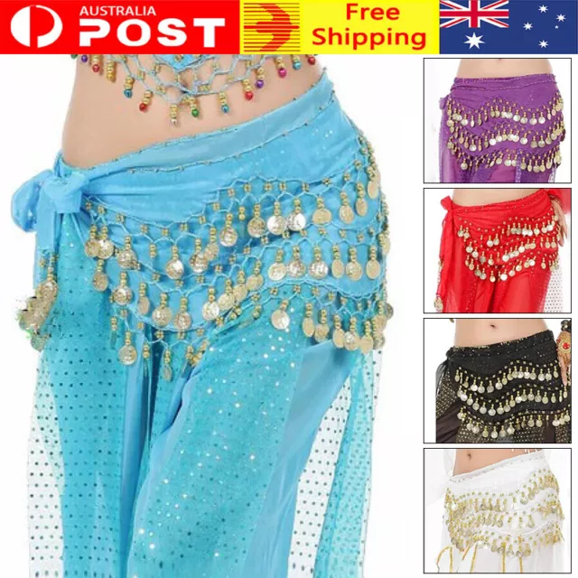 3 Rows Belly Dance Hip Skirt Scarf Wrap Belt Chain with Tone Coins Beads Adult