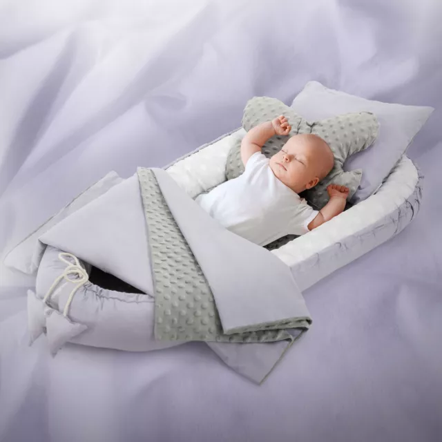 Nid de bébé 5 pièces cocon doudou portable double face gris clair/motif éléphant