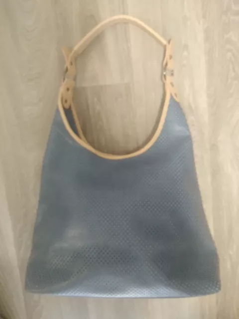 Black Caviar Vegan Leather Shoulder Tote Bag Large - Blue & Cream