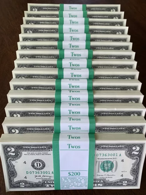 Lot of (20)  $2 Bills Uncirculated Consecutive Serial# Two Dollar REAL CASH!