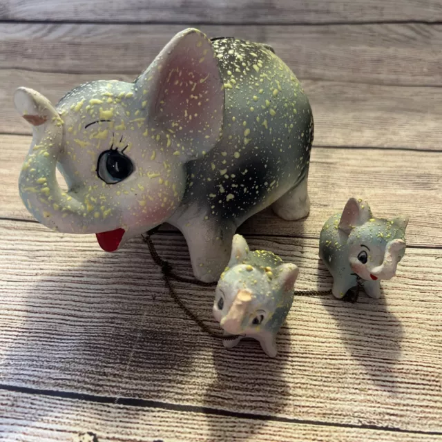 Vtg Starset Elephant Mom Babies on Leash Chain Kitsch Kitschy Bank Ceramic Japan