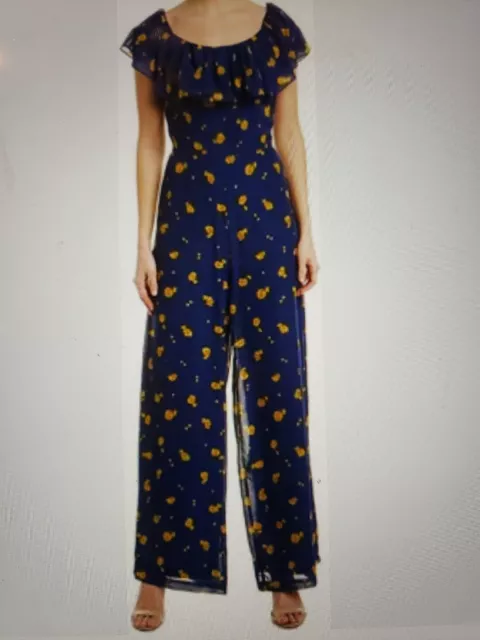 NWT Betsey Johnson Floral Jumpsuit Size 4 Blue/ Gold Wide Leg