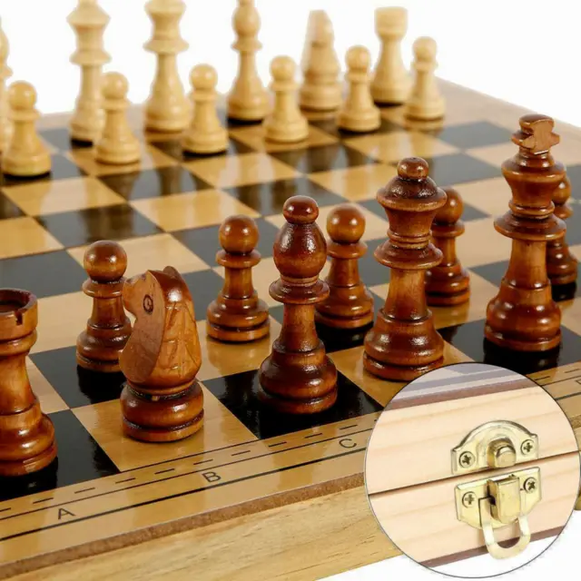 3 in 1 Chess Wooden Set Fold Chessboard Backgammon Draughts Wood Board Game UK-