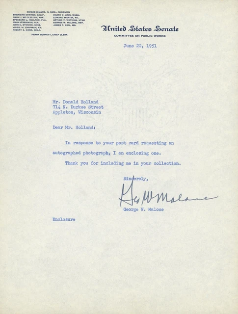 Senator George W. Malone Signed Letter