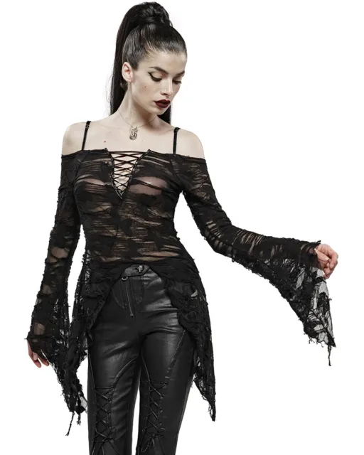 Punk Rave Womens Gothic Butterfly Tunic Top Black Shredded Destroyed Apocalyptic