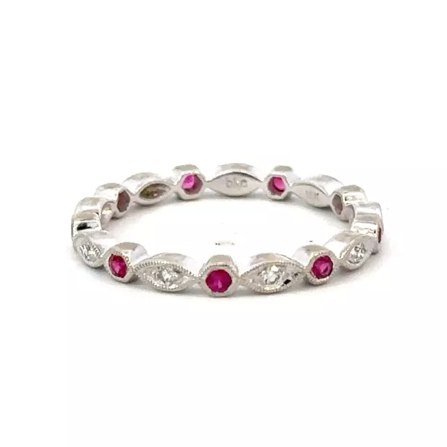 18K White Gold Diamond & Ruby Eternity Band Ring Size 7