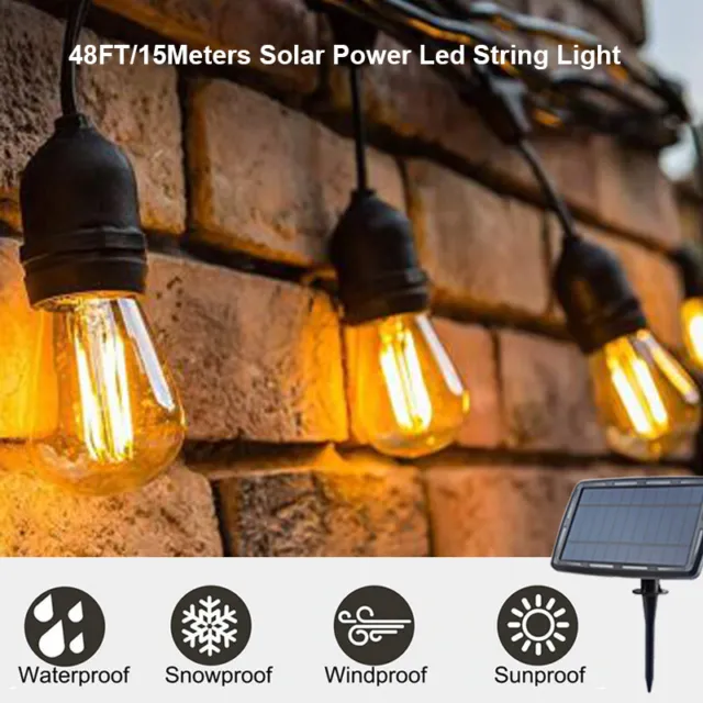 48FT Solar String Lights Outdoor Shatterproof Vintage Edison Bulbs 4 Light Modes